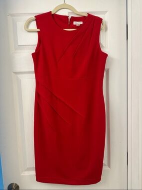 Calvin Klein Red Sleeveless Sheath Dress with Draped Detail